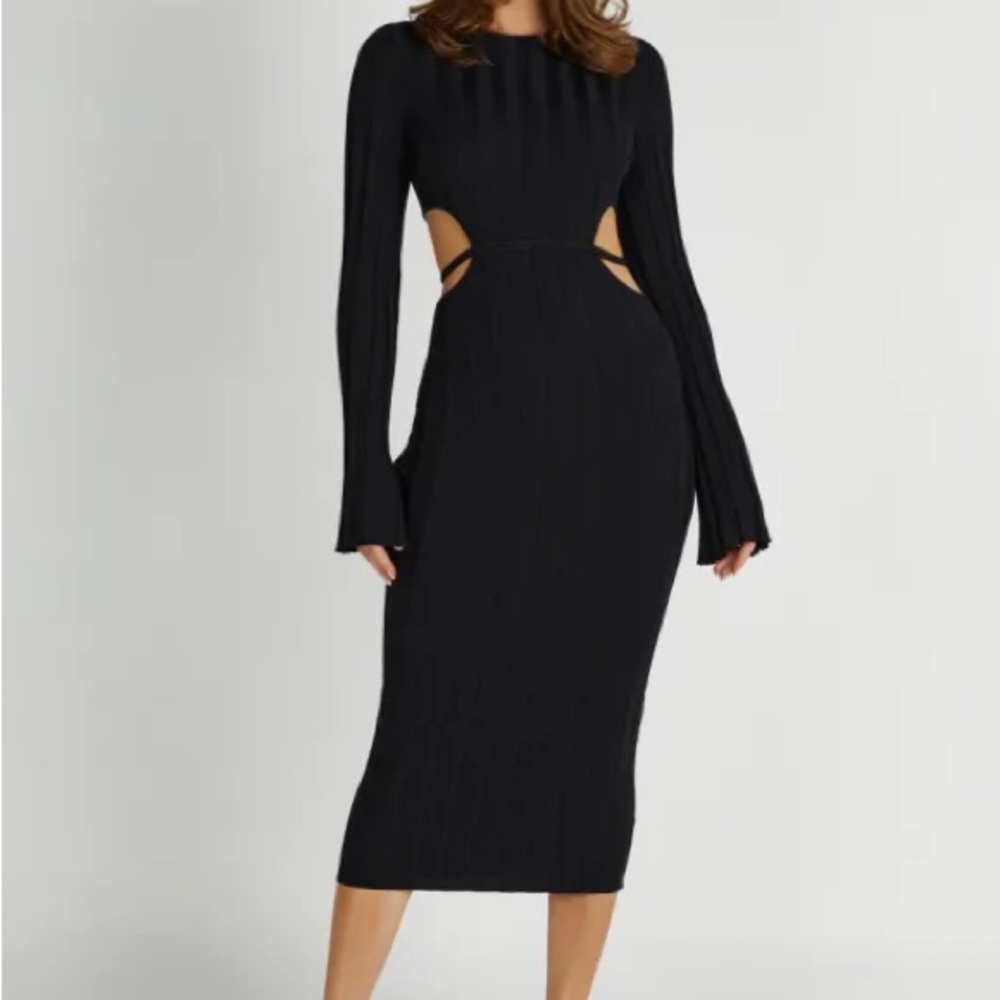 Meshki Black Long Sleeve Cutout Ribbed Midi Dress